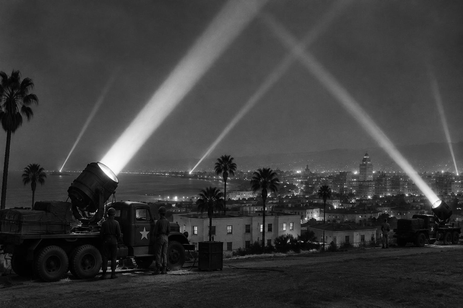Illustration of wartime searchlights above Los Angeles in February 1942, with no identified target