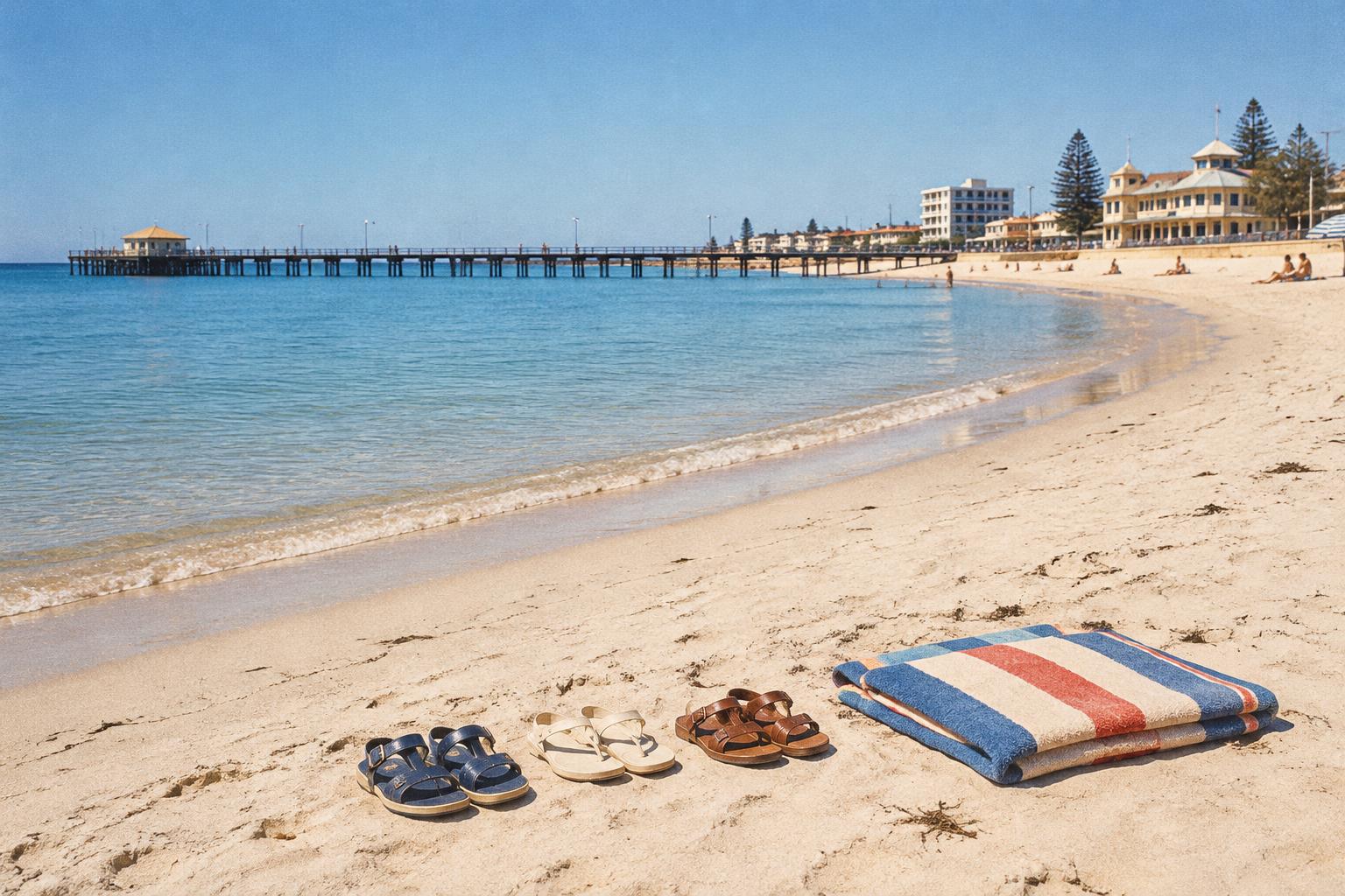 Illustration of Glenelg beach in 1966 with three symbolic pairs of sandals; not recovered evidence