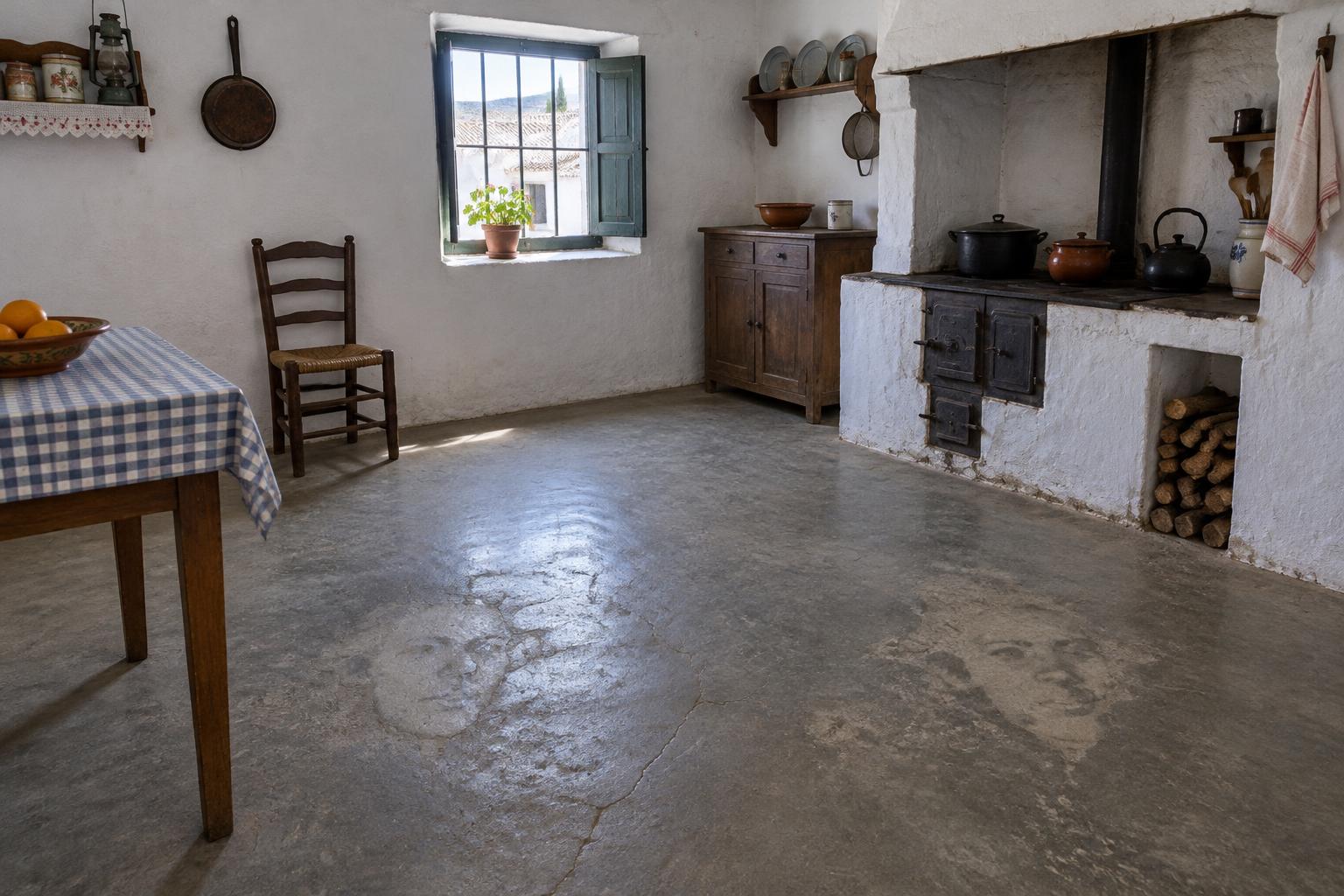 Illustrative reconstruction of ambiguous face-like stains on a Spanish kitchen floor