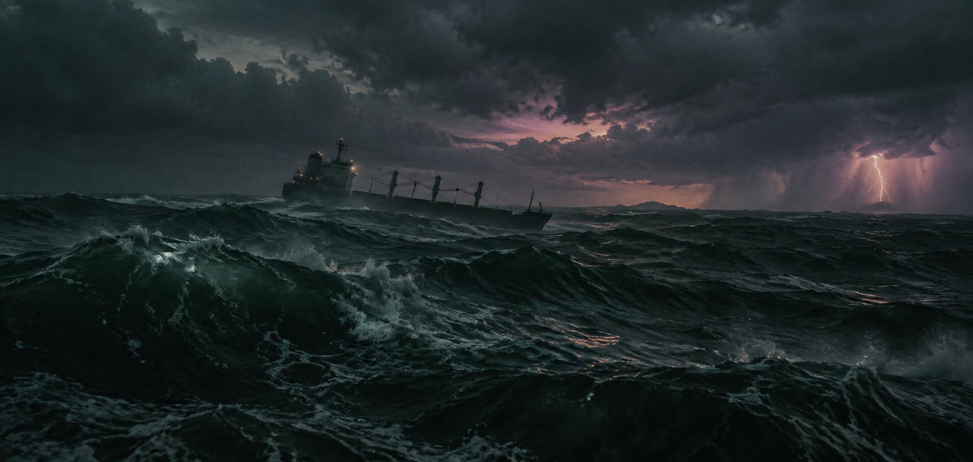 A vast dark stormy sea in the western North Atlantic at dusk with a faint listing cargo ship under heavy grey clouds and distant lightning