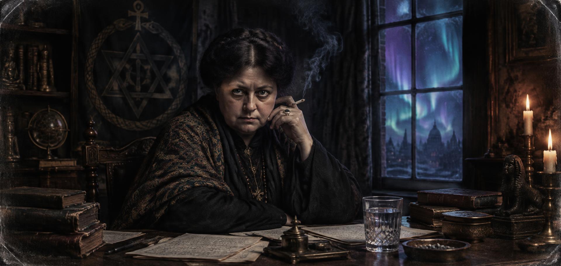 Helena Petrovna Blavatsky at her writing desk in a candlelit Victorian study with theosophical symbols behind her