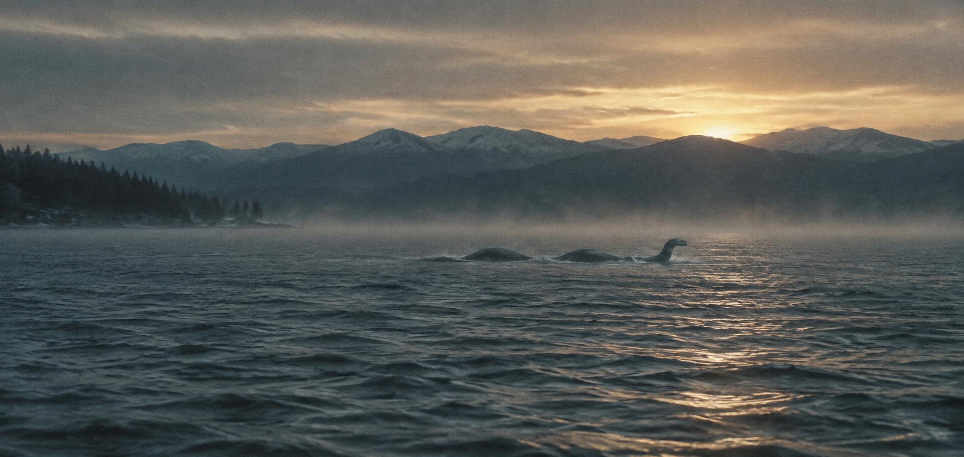 Lake Champlain at cold dawn with an ambiguous long dark shape breaking the water beneath the Adirondack Mountains