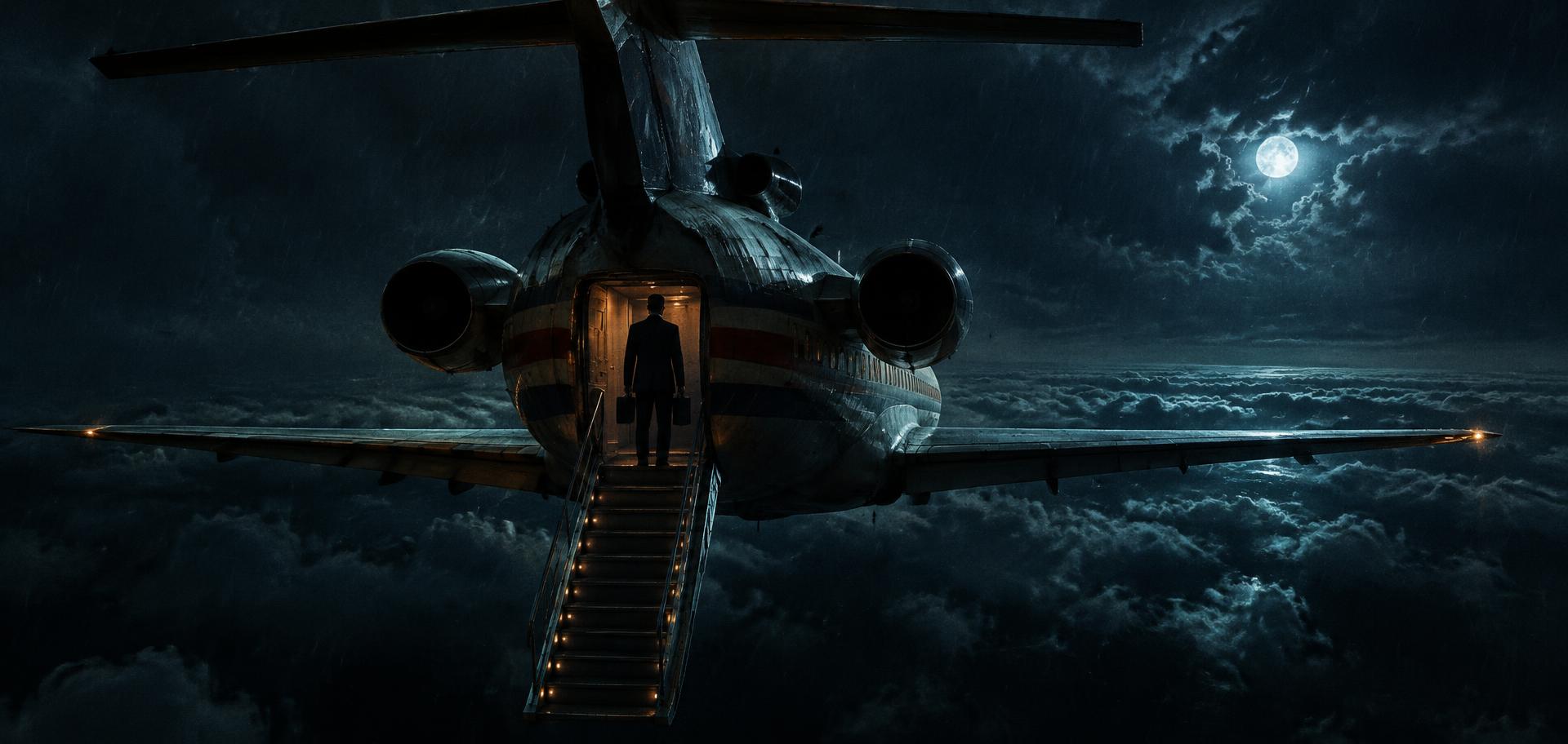 Illustrative reconstruction of a man in a dark suit standing at the open rear airstair of a Boeing 727 at night above moonlit clouds