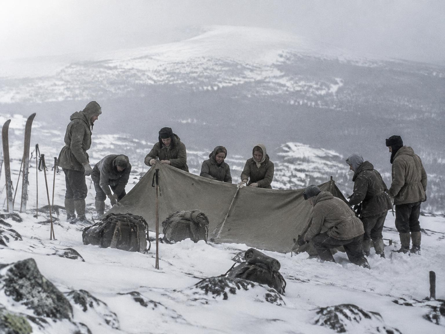 Documentary-style reconstruction of the Dyatlov group pitching their long canvas tent on the snowy slope
