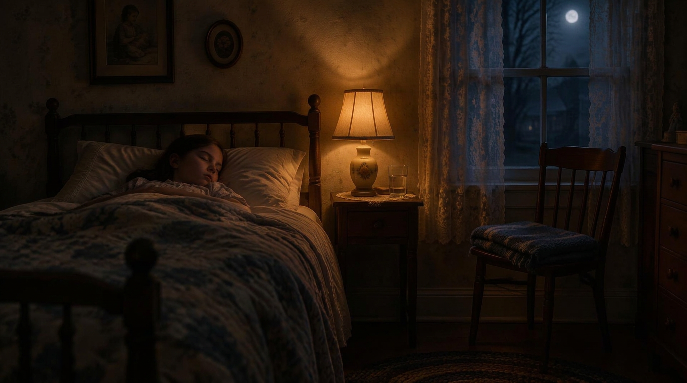 A quiet 1940s American bedroom at night with a young girl lying in bed beside a glowing lamp, moonlight through lace curtains