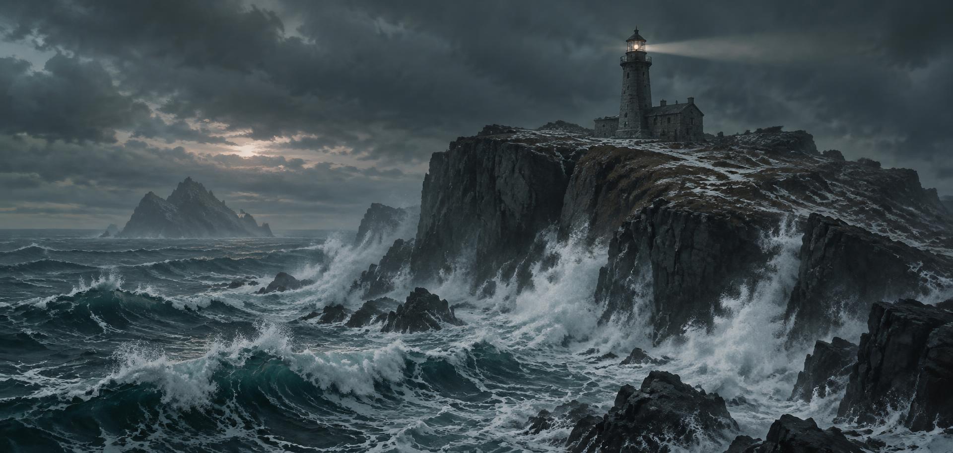A stone lighthouse on the cliffs of a remote Atlantic island with heavy storm swell breaking below at dusk
