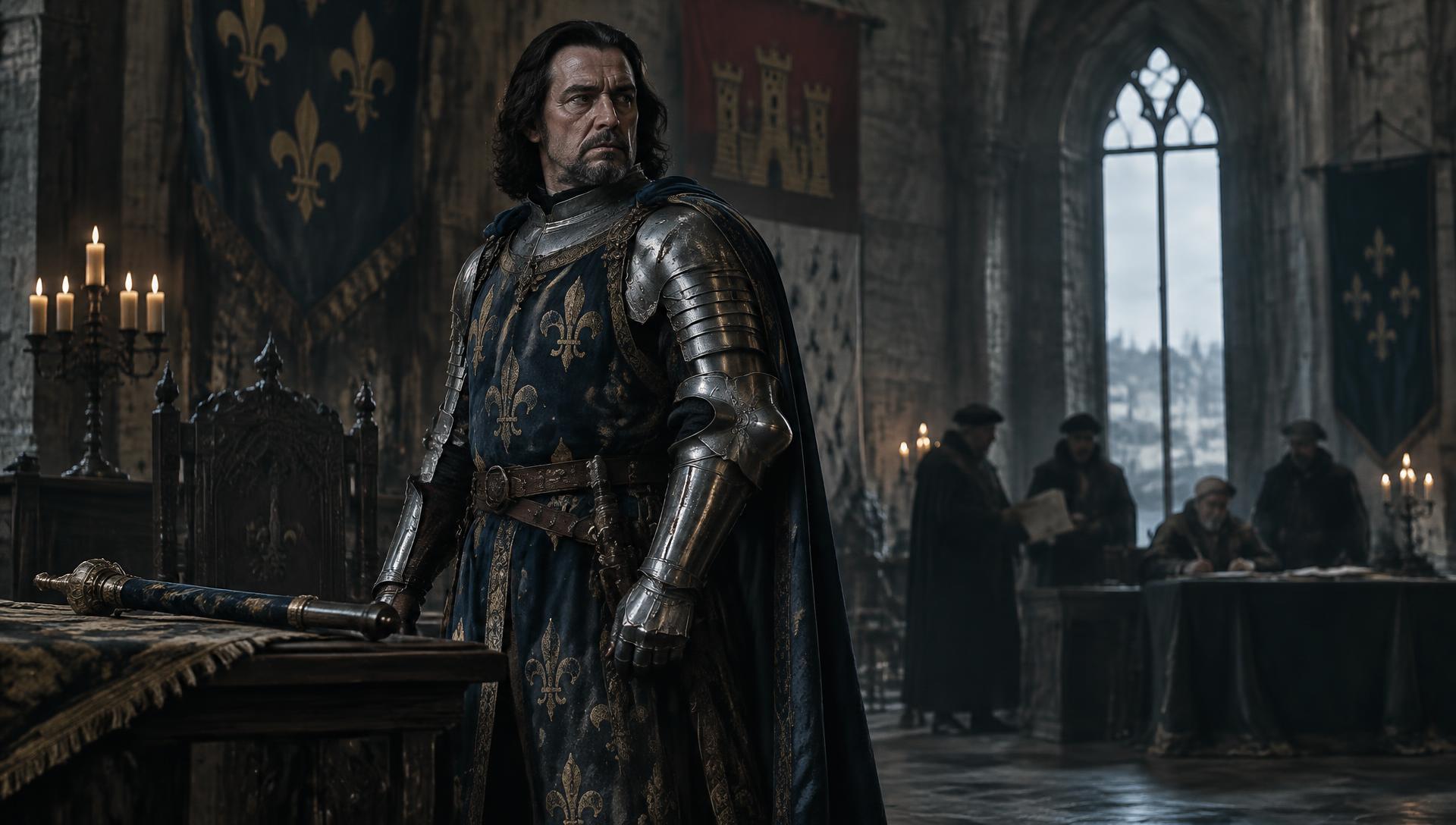 Illustrative reconstruction of Gilles de Rais in armour before a tribunal in a shadowed fifteenth-century stone hall