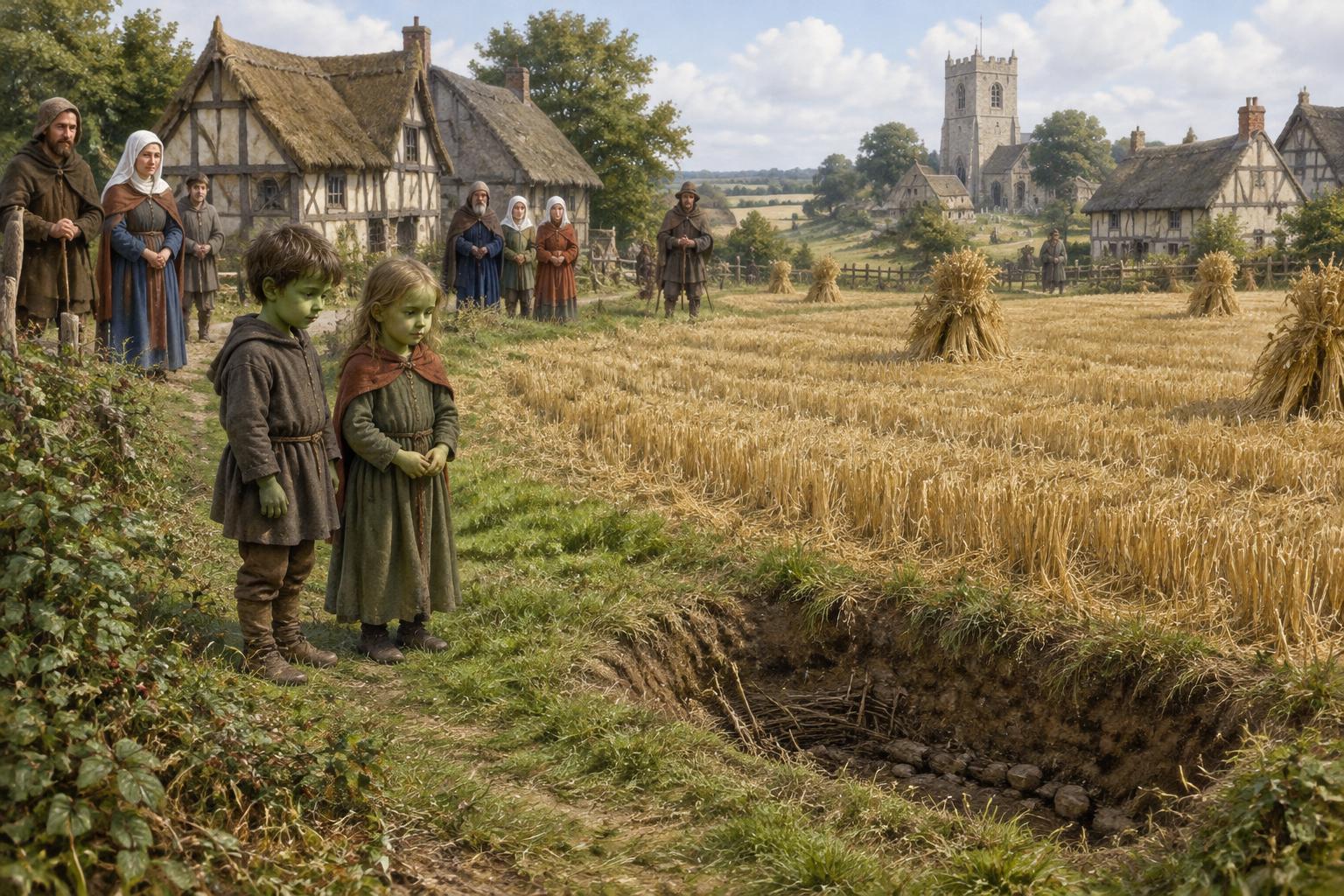 Folklore illustration of the two green children in the medieval Woolpit chronicle account