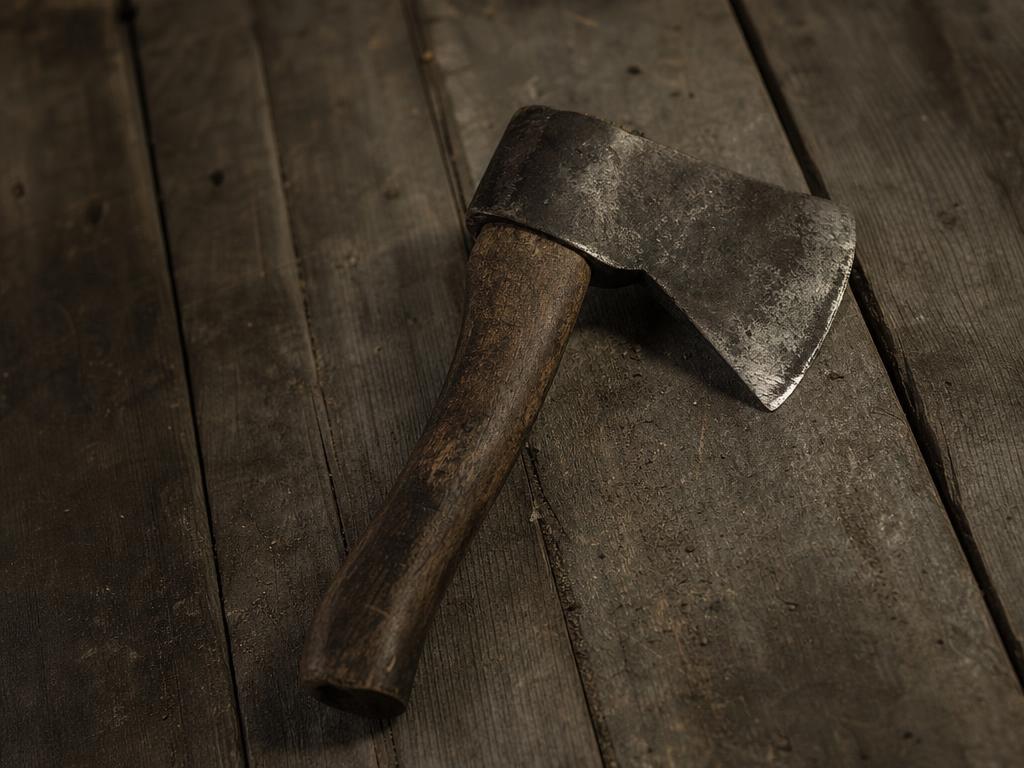 An old short-handled axe resting on worn wood boards in dim light