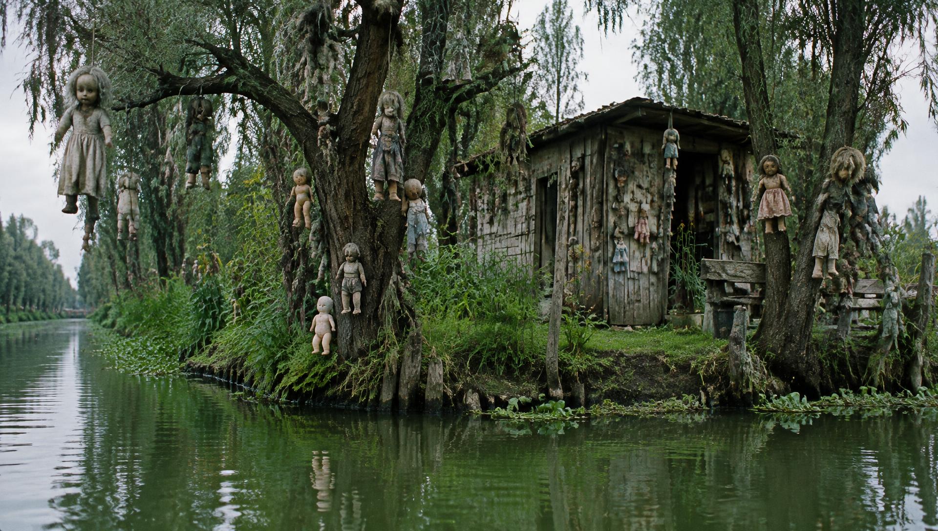 Illustrative reconstruction of a Xochimilco canal island with dozens of weathered dolls hanging from trees and a wooden shack
