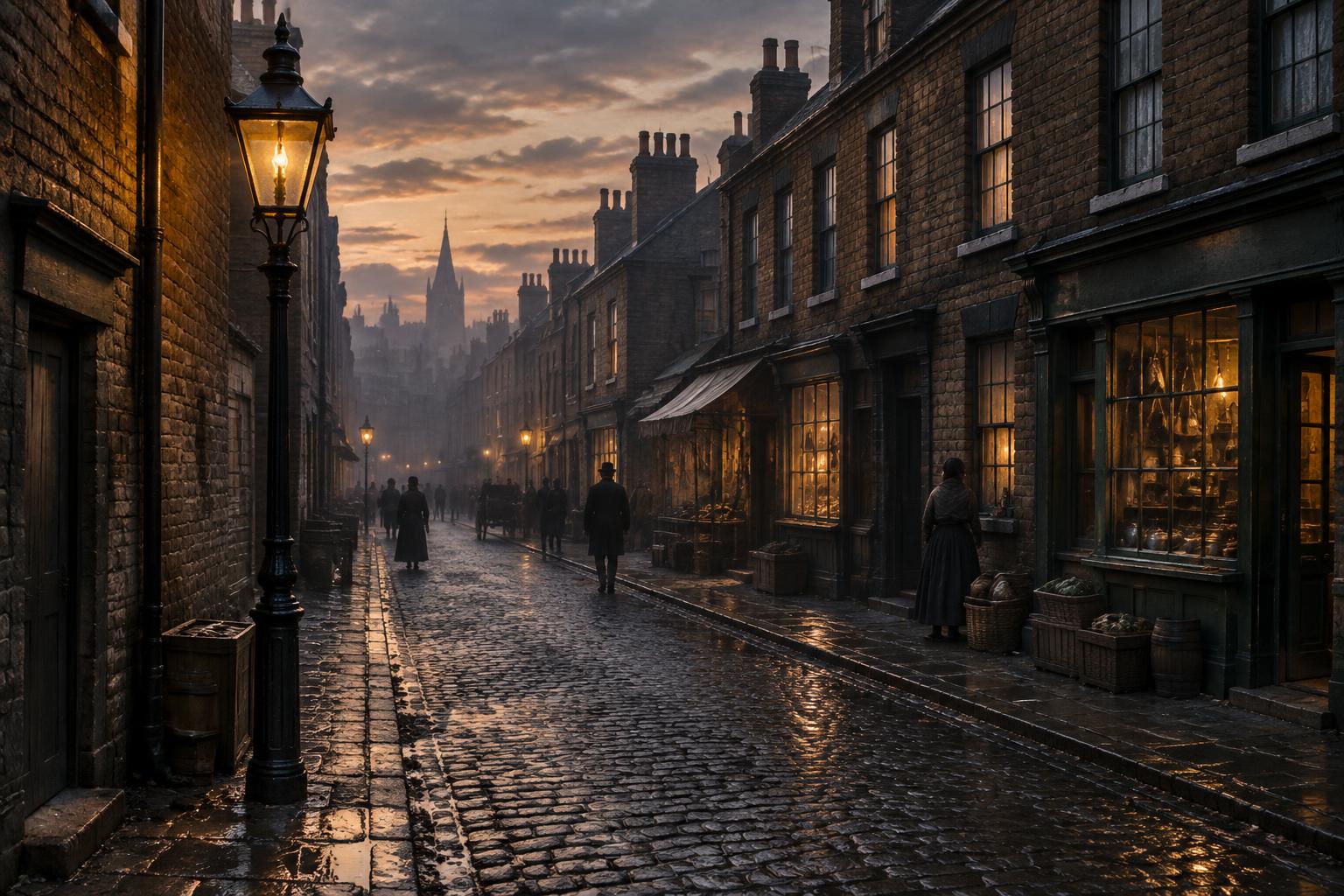 Illustrative reconstruction of a gaslit Whitechapel street in London in 1888
