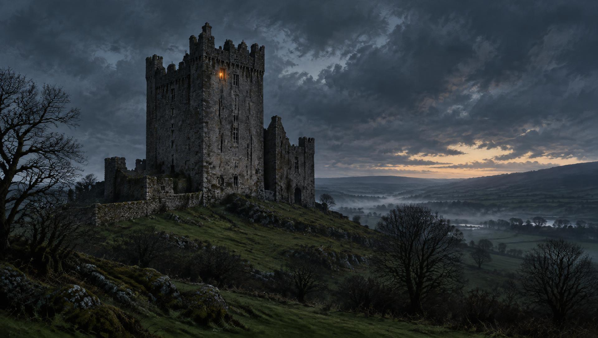 Leap Castle's stone tower on a rocky outcrop in County Offaly at dusk, one upper window glowing under heavy grey clouds