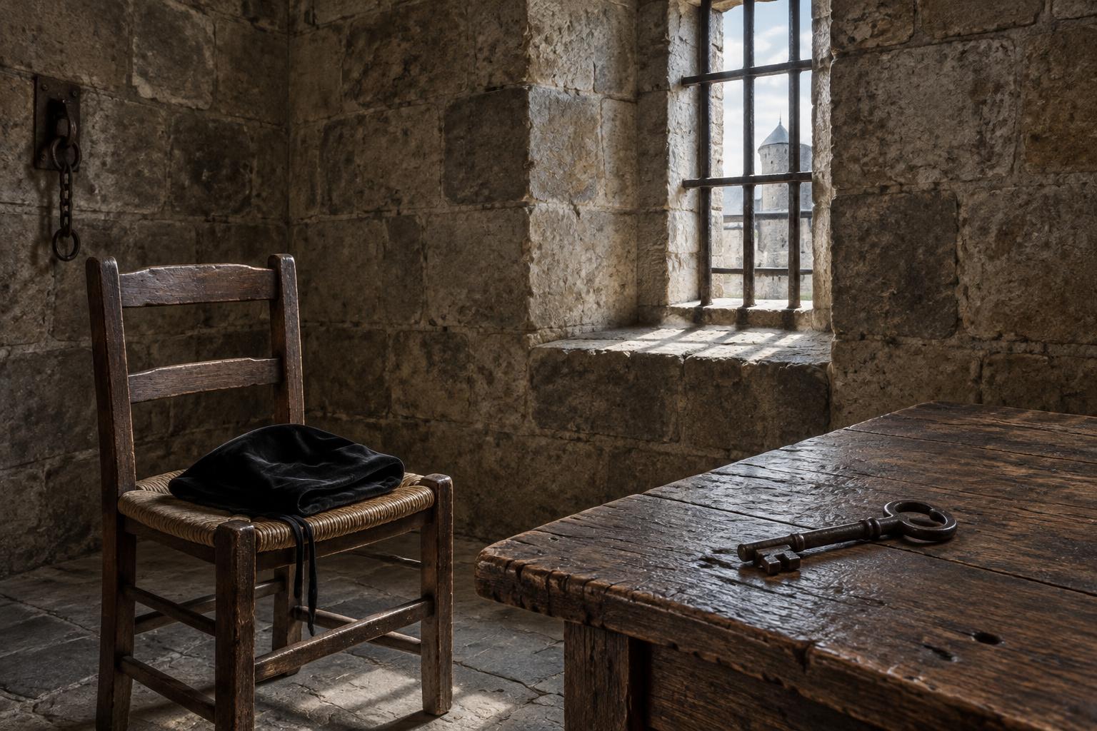 Illustration of a French fortress cell with a black cloth covering and a prison key