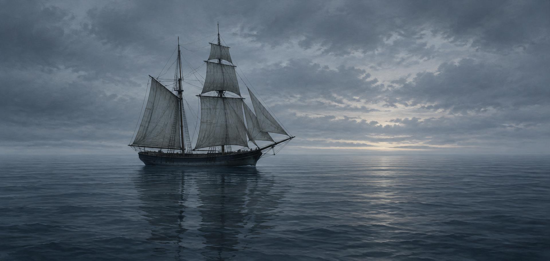 A 19th-century brigantine sailing alone on a vast grey Atlantic under a cold overcast dawn sky, no one visible on deck