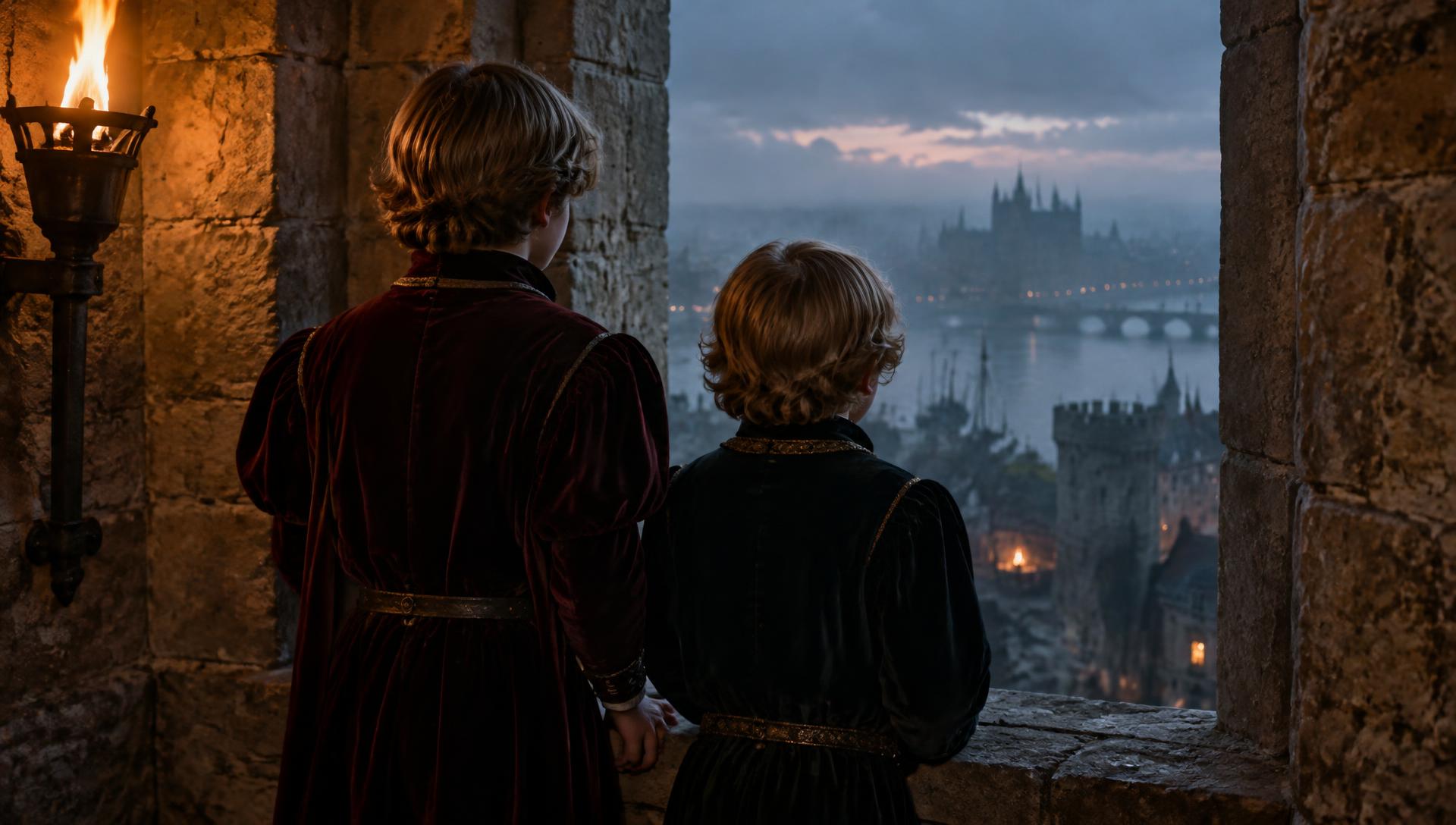 Illustration of two 15th-century princes seen from behind at a torchlit window of the Tower of London at dusk