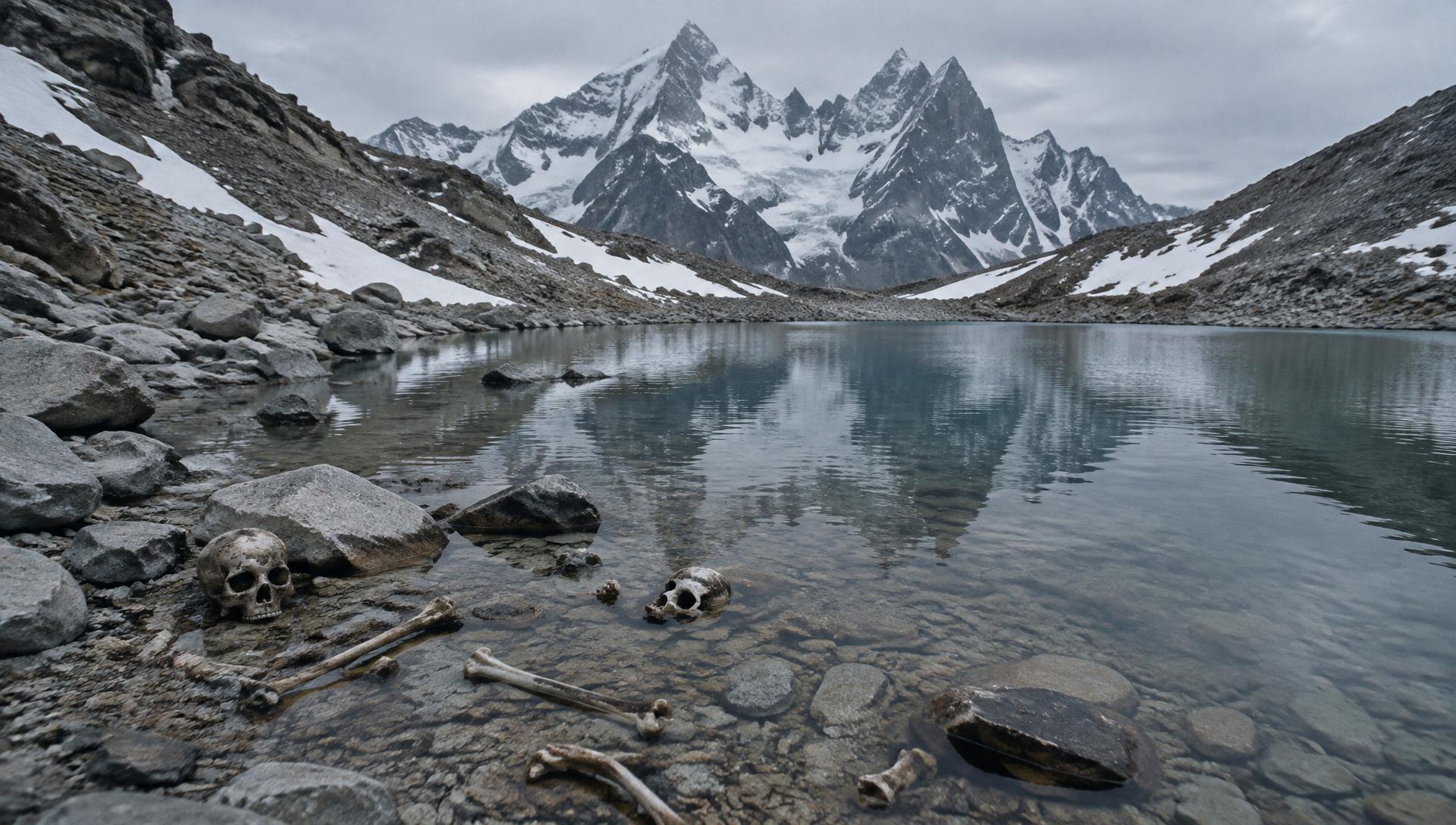 Illustrative reconstruction of Roopkund lake in the Indian Himalayas, with old human bones visible in the shallows beneath the Trishul massif