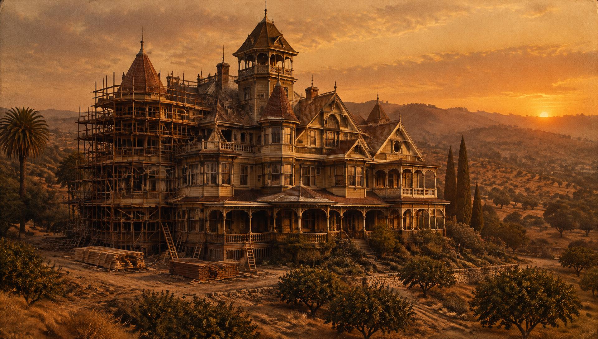 Illustrative reconstruction of the Winchester Mystery House around 1910: a sprawling seven-storey Victorian mansion with turrets and spindled porches, one wing wrapped in construction scaffolding at sunset