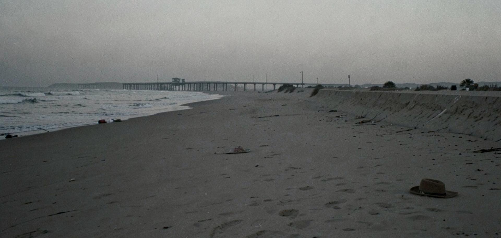 An empty Australian beach and seawall at grey dawn with a man's hat lying on the sand