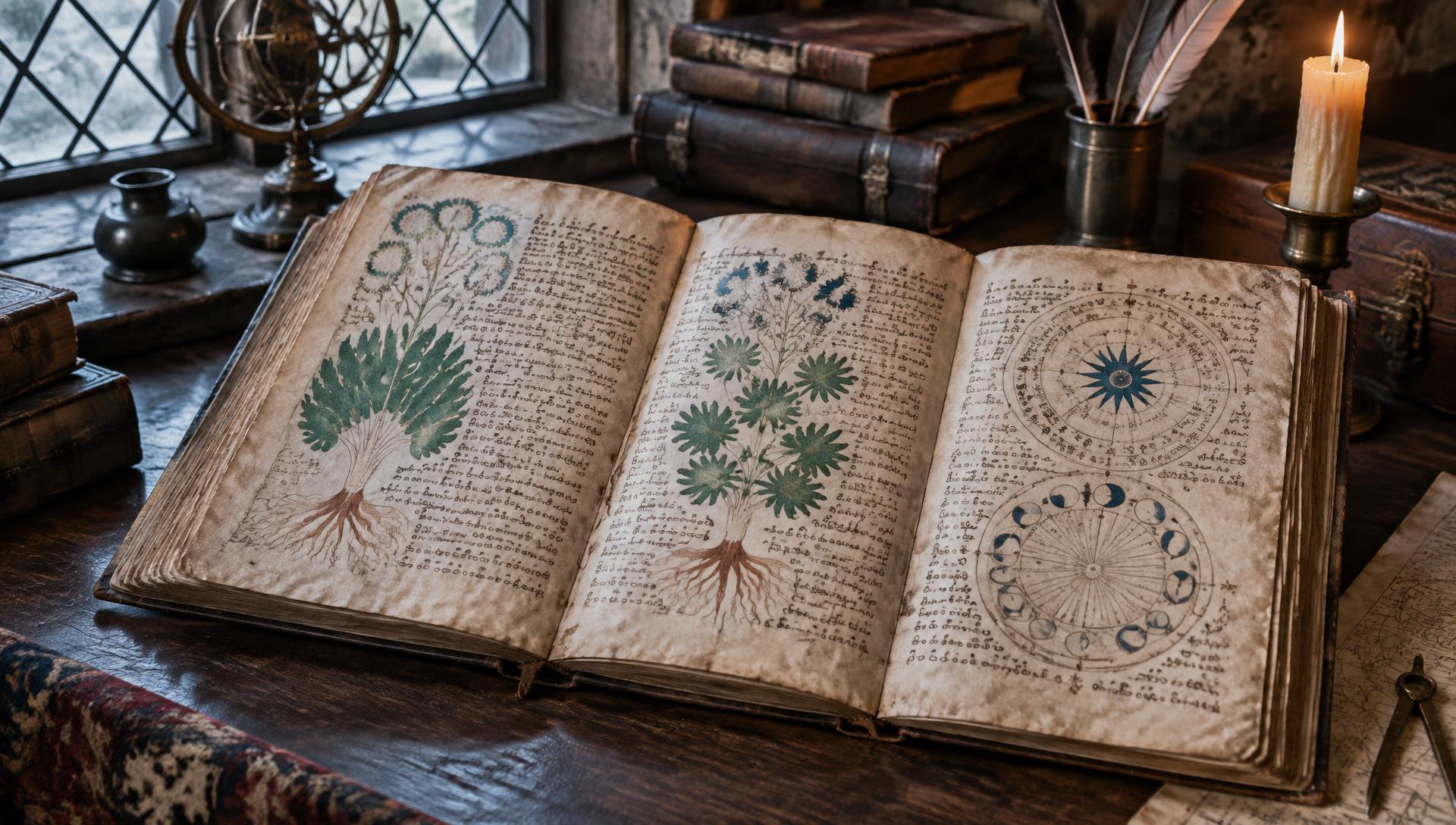 An open illustrated vellum manuscript covered in unidentified script, botanical drawings and astronomical diagrams
