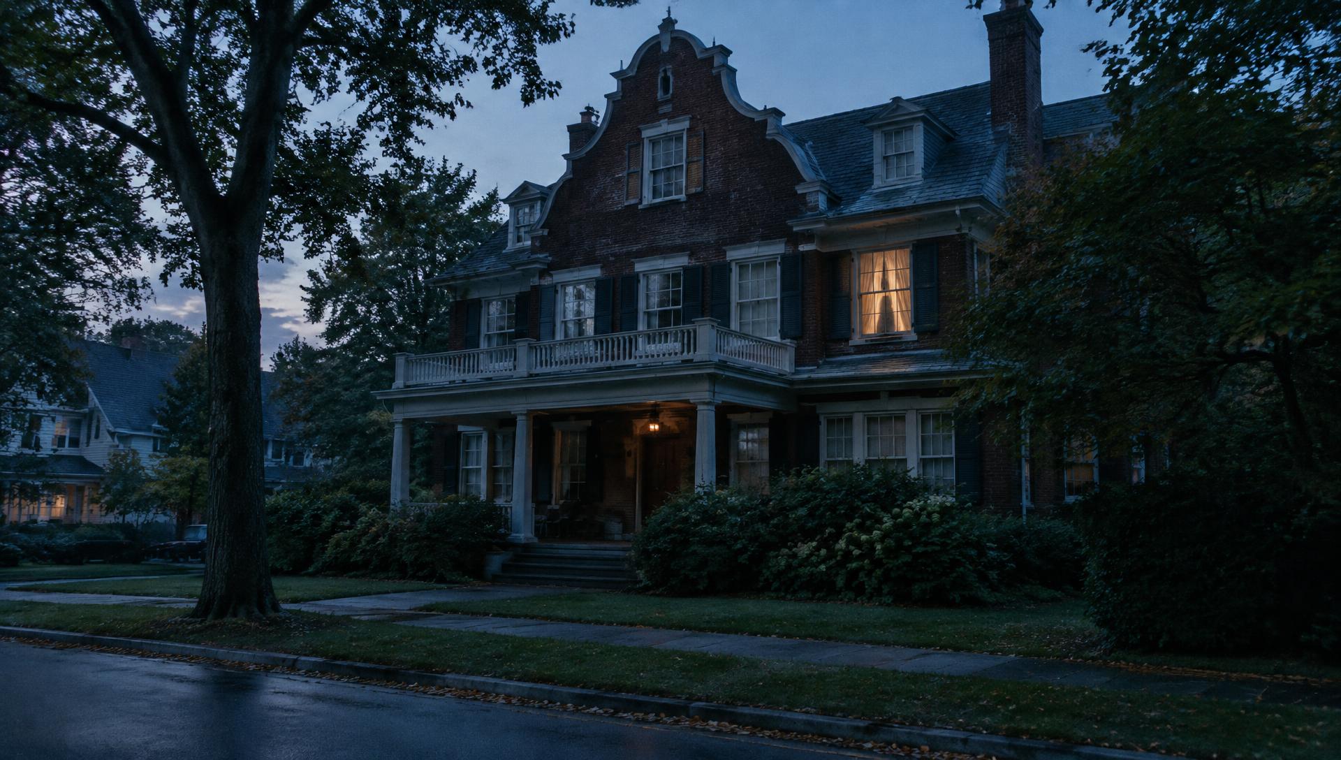 Illustrative reconstruction of a stately 1905 Dutch colonial house in Westfield, New Jersey at dusk, one upstairs window lit