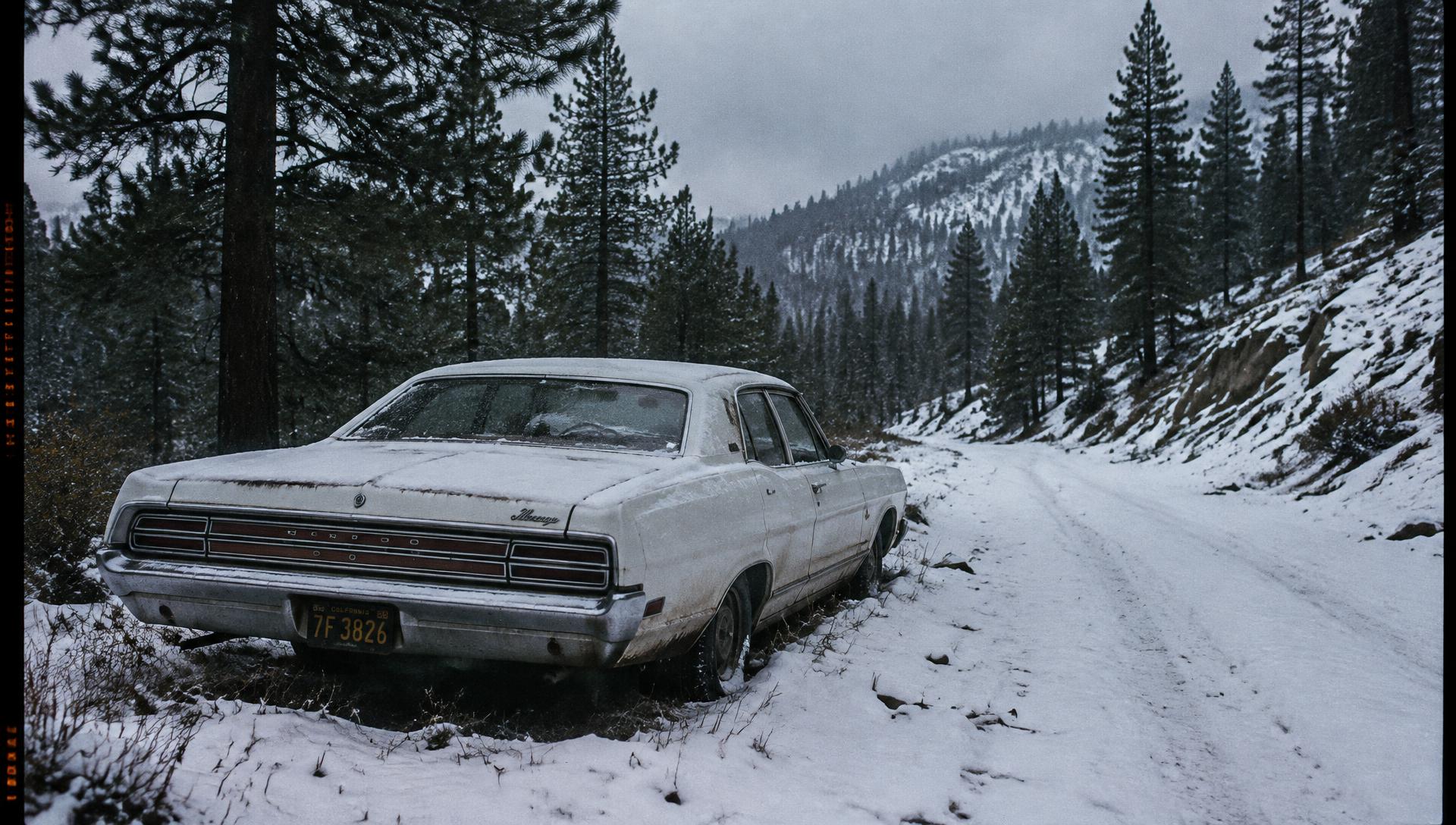 Illustrative reconstruction of a white 1969 Mercury Montego abandoned on a snowy mountain road in the Plumas National Forest