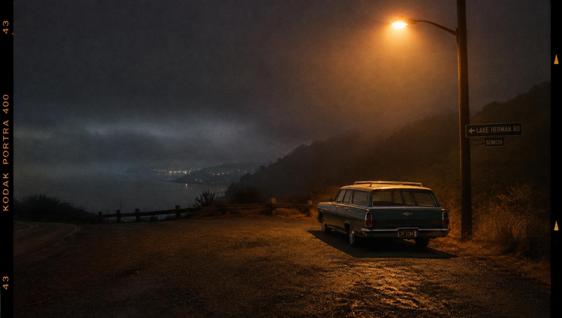 Illustrative reconstruction of a foggy 1960s roadside turnout on Lake Herman Road at night with a lone station wagon under a streetlight